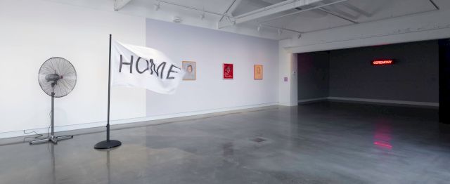 Installation view, A New Order, Buxton Contemporary, the University of Melbourne, 2019. Works by (L-R) Diena Georgetti, EXAMPLAR/woven watercolor screen 2010; Split panelled shadow chart 2011; Photographers ocular record cover 2011. Rose Nolan, Big Word Combos - RN 4 ME/DILL, 1998. All works © the artists. Image: Christian Capurro