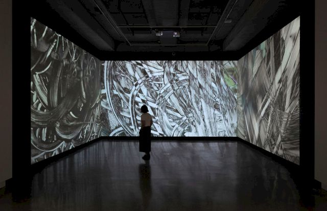 Installation view, The Garden of Forking Paths: Mira Gojak and Takehito Koganezawa, Buxton Contemporary, the University of Melbourne, 2018–19. Work by Takehito Koganezawa, Paint it black and erase, 2010, courtesy of the artist. Image: Christian Capurro