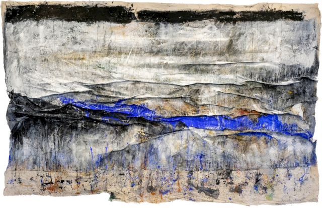 Jakob Kirchmayr, Der Pflug war ein abgestürzter Vogel, 2019, colored pencil, gesso, pigment, ink, acrylic on canvas and cotton, 280 x 440 cm, courtesy Galerie Ernst Hilger (Vienna)