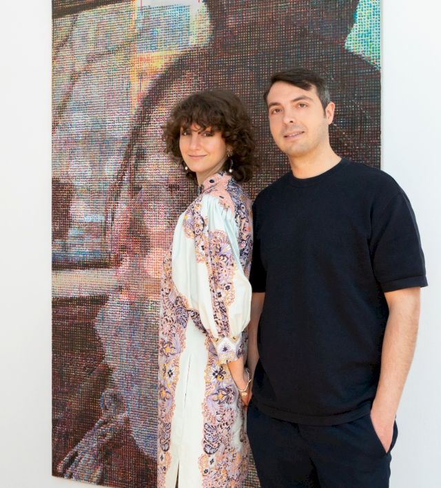 Collectors Sveva d’Antonio and Francesco Taurisano in front of Ariadne (2022) by Asher Liftin, photo by Valentina Vitali