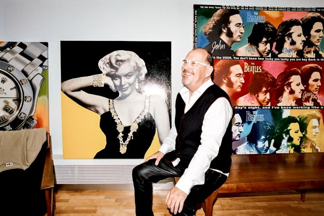 Portrait of Martin Steppacher. Paintings by Steve Alan Kaufman. Technique: hand painted oil on canvas silkscreen; from left to right: Rolex color 2006, Monroe black gold 2008, The Beatles cover 2009, Photo Patrick Walter, Courtesy: Gallery Durchgang