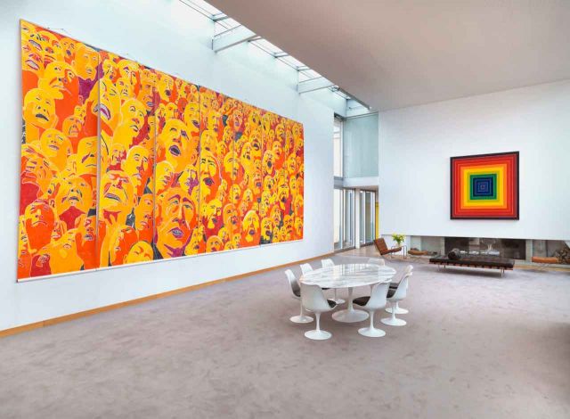 Fang Lijun, ‘2003.2.1’., 2003, Frank Stella, ‘Concentric Squares’, 1974 © Staatliche Kunstsammlungen Dresden; Schenkung Sammlung Hoffmann; VG Bild-Kunst, 2018