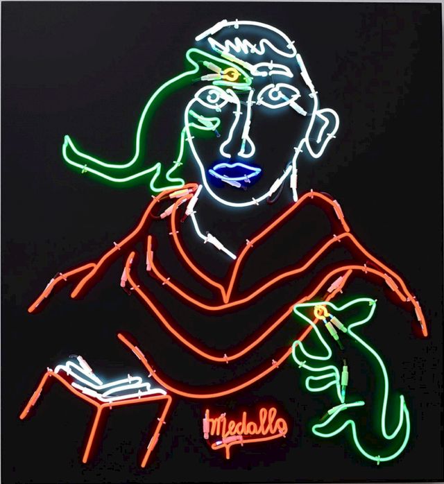 David Medalla, ’Self-portrait with Dinosaur-Dante’, 2017. © Galleria Enrico Astuni Bologna